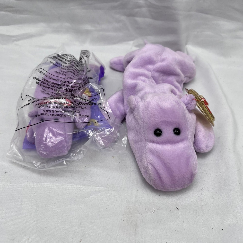 Ty Happy the Hippo Beanie Baby 1994 Vintage Lavender Purple Plush Toy Set
